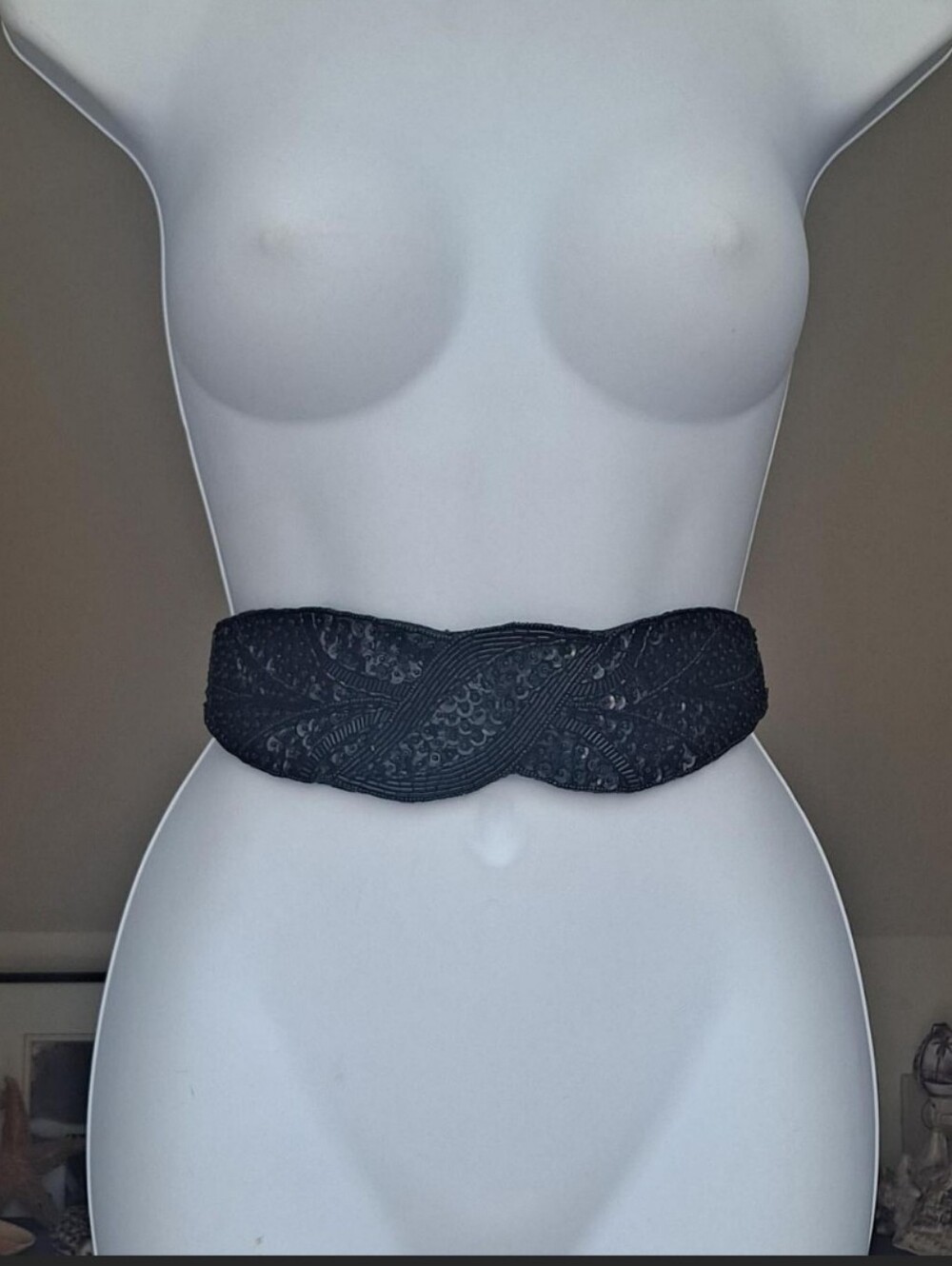 Women's Black Lace Beaded Sequined Elastic Belt
